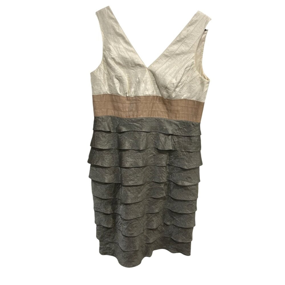 Adrianna Papell Womens Tiered Ruffle Dress Beige Gray Size 14